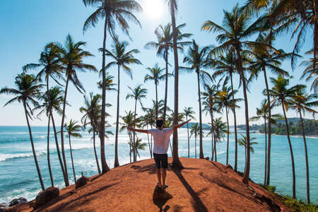 Man on coconut tree hill in Mirissa Sri Lankaの写真素材