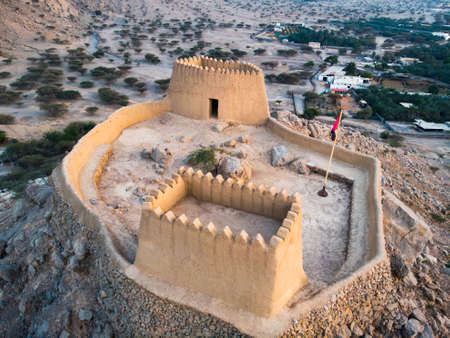 Dhayah Fort in North Ras Khaimah emirate in UAE aerial viewのeditorial素材