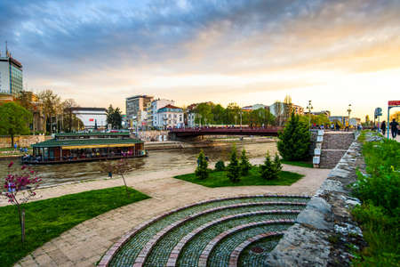 Nis, Serbia - November 4, 2018: City of Nis landmark view by the Nisava river on a calming sunset in south Serbiaのeditorial素材