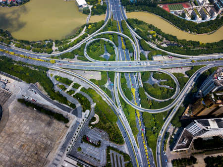 Multilayered road with busy traffic aerial view