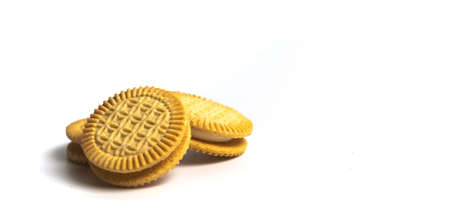 Golden biscuit sweet cookies isolated on whiteの写真素材