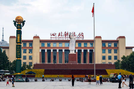 Chengdu, China - July 27, 2019: Tianfu Square with Chengdu with Mao Zedong Statue and Science Museum beeing the largest public square in the capital of Sichuan province.のeditorial素材