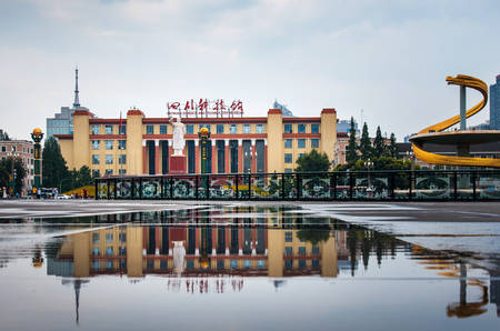 Chengdu, China - July 27, 2019: Tianfu Square with Chengdu with Mao Zedong Statue and Science Museum beeing the largest public square in the capital of Sichuan province.のeditorial素材