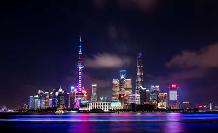 Shanghai, China - August 7, 2019: Shanghai skyline at blue hour with amazing skyscrapers cityscape long exposure shot from the Bundのeditorial素材
