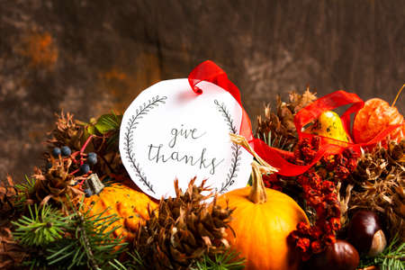 Thanksgiving day card with festive autumn decorationsの写真素材