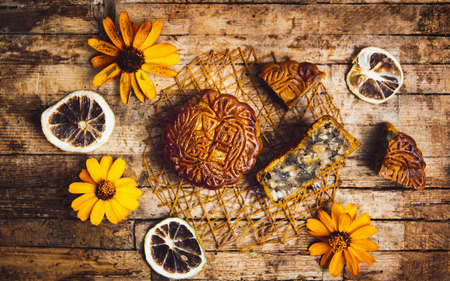 Chinese mooncake a bakery product traditionally eaten during the Mid-Autumn Festivalの写真素材