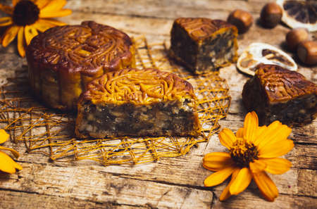 Chinese mooncake a bakery product traditionally eaten during the Mid-Autumn Festivalの写真素材