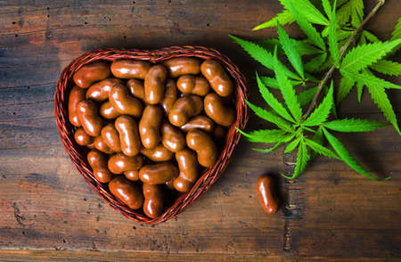 Chocolate candy with marijuana cannabis plant top view