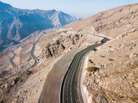 Scenic desert road in Ras al Khaimah emirate in the UAE aerial viewの写真素材