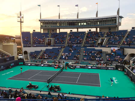 Abu Dhabi, United Arab Emirates - December 19, 2019: International Tennis centre in Abu Dhabi, UAE during Mubadala World Tennis Championship playing Stefanos Tsitsipas vs Andrey Rublevのeditorial素材