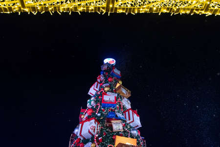 Dubai, United Arab Emirates - December 26, 2018: Global village with big Christmas tree and winter holidays decorations in Dubai, UAE. One of the most visited tourist attractions in the United Arab Emiratesのeditorial素材