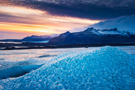 Beautiful sunset over the Icelandic glacier landscape in south Iceland