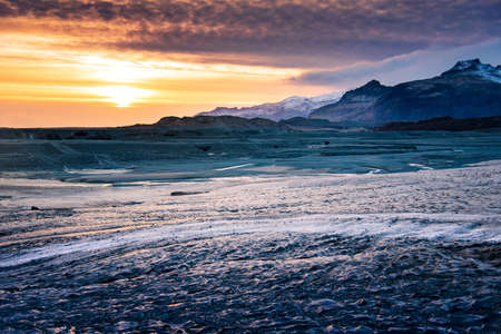 Beautiful sunset over the Icelandic glacier mountain range in south Iceland