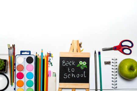 Various tools and accessories for back to new school season flat lay isolated