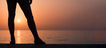Woman enjoying sunset on the beach back viewの写真素材
