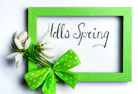 Fresh snowdrops bouquet with a ribbon in a wooden frame on whiteの写真素材