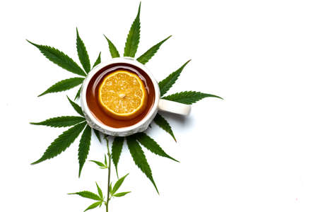 Cup of marijuana infused tea in a cup on top of marijuana leaves isolated top view with copy spaceの写真素材