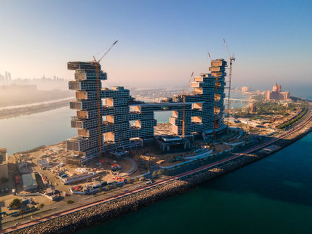 Dubai, United Arab Emirates - December 1, 2020: The Royal Atlantis Resort & Residences under construction on the Palm Jumeirah island in Dubai United Arab Emirates aerial view at sunrise. Famous artificial island with luxury villas and hotelsのeditorial素材