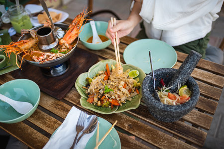 Woman having a meal with Pad see ew stir-fried noodles in a Thai restaurantの写真素材