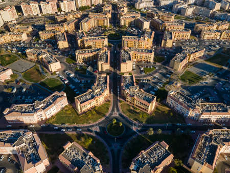 Aerial view of International City in Dubai, United Arab Emirates. Suburban country-themed...