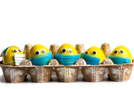 Painted Easter eggs wearing tiny surgical face masks on a white background with copy space.の写真素材