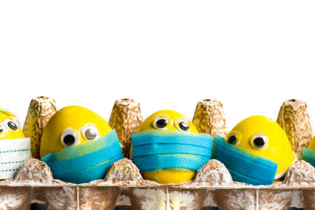 Painted Easter eggs wearing tiny surgical face masks on a white background with copy space.の写真素材