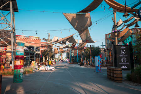Dubai, United Arab Emirates - May 11, 2021: La Mer beach walking area with many restaurants in coffee bars a famous travel and leisure spot in downtown Dubai, UAEのeditorial素材