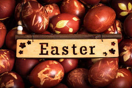 Traditional easter eggs dyed in onion peel. Light Easter holiday. Religious traditions.の写真素材