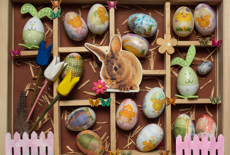 Creative festive wooden present box box with Easter decoration-Easter eggs, biscuits, bunnies,...