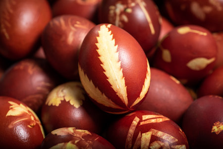 Traditional easter eggs dyed in onion peel. Light Easter holiday. Religious traditions.