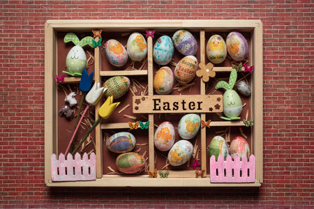 Creative festive wooden present box box with Easter decoration-Easter eggs, biscuits, bunnies,...