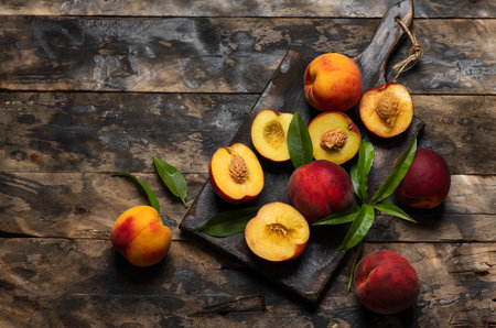 Fresh ripe dark red peaches with leaves on cutting board and wooden table. Whole fruits and halves of juicy, bright orange delicious peaches on the insideの写真素材