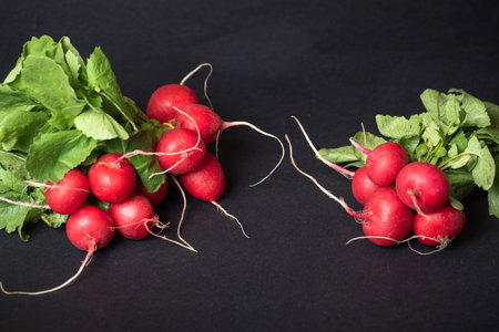 Two beautifully arranged bunches of fresh red radishes with their green leaves prominently...