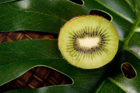 fresh cut kiwi fruit on green leafの写真素材