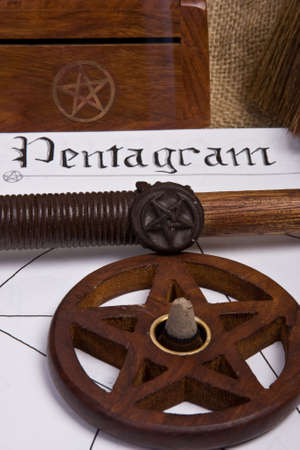 wicca pentagram / pentacle - book of shadows and wandの写真素材
