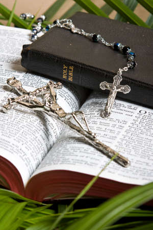 close up of bible with rosary and crucifx with palm leaves