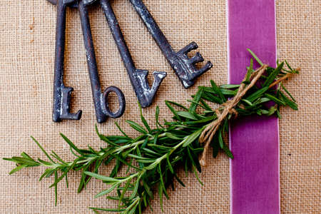 Love Keys with rosemary on pink ribbon and burlap backgroundの写真素材