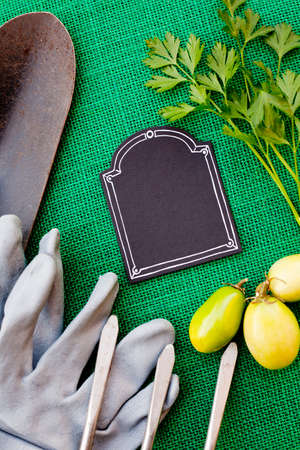 gardening implements and vegetables with blackboard on green burlap backgroundの写真素材