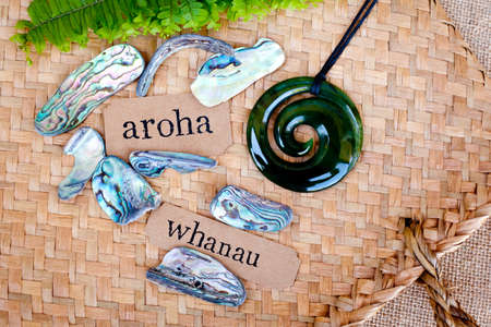 NZ - Kiwi - Maori theme - backgrounds and objects - maori words for love and respect (aroha) and family (whanau)の写真素材