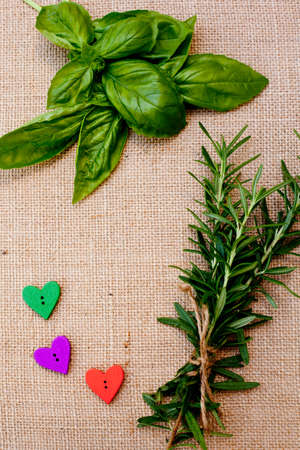 Background - Herbs on burlap background with heart shaped buttonsの写真素材