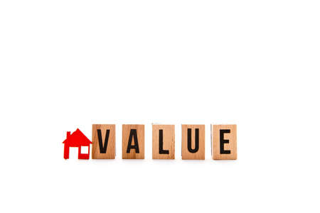 House Value - block letters with red home / house icon with white backgroundの写真素材