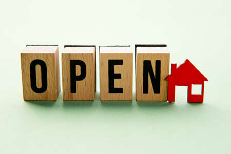Open House - wooden block letters with red house iconの写真素材