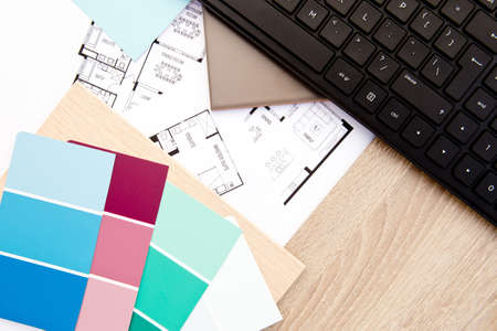 Home Design - Interior Decorating with house drawings, samples and keyboard