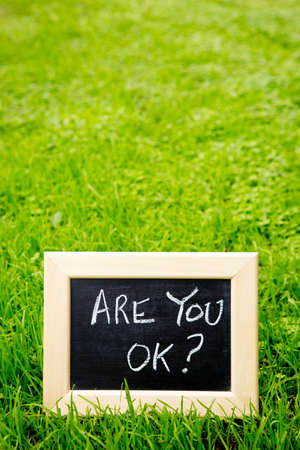 Are You OK - handwritten in chalk on blackboard with green grass backgroundの写真素材