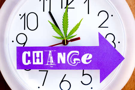 Medicinal Marijuana - Cannabis - Changing Times - with arrow, clock and leaf