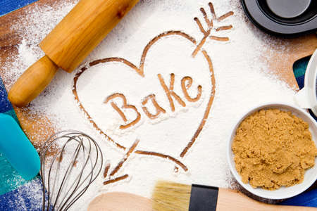 Baking - Bake with Heart - written in flourの写真素材