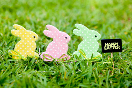 Easter Bunnies and blackboard sign on natural grass background