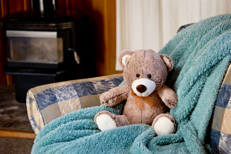 Teddy Bear - sitting on sofa couch in front of fireplaceの写真素材