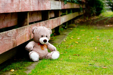 Teddy Bear next to wooden fenceの写真素材