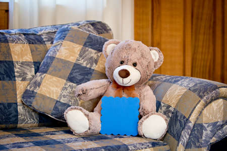 Teddy Bear sitting on sofa with blue copy space cardの写真素材